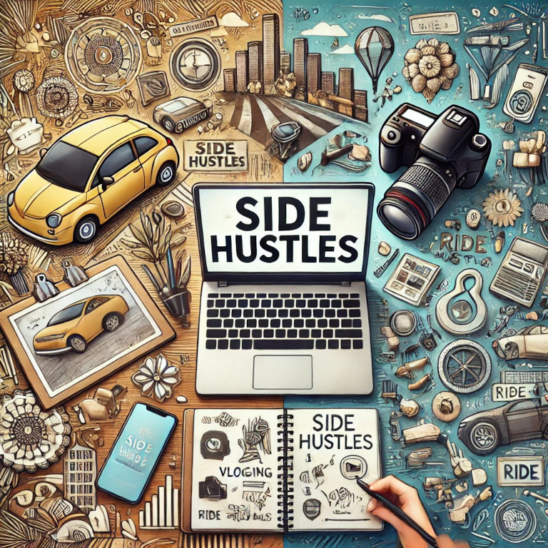 A dynamic workspace featuring a laptop with a project in progress, a camera set up for vlogging, a notepad with creative doodles and ideas, and a smartphone displaying a ride-sharing app. The background includes books, craft materials, and pet toys, symbolizing various side hustles.