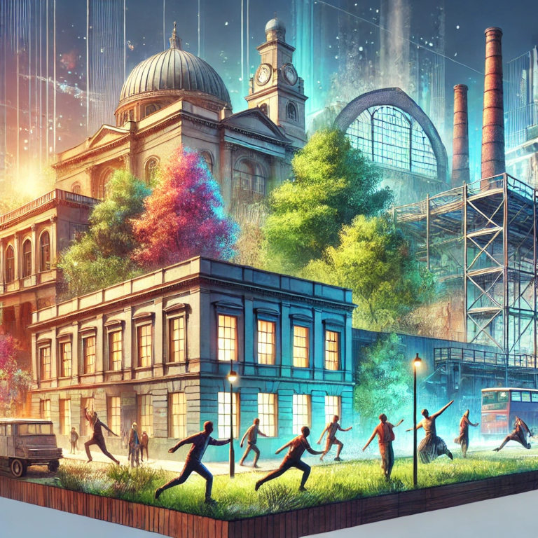 A visually captivating graphic featuring elements like a historic building, an urban street, a forest, and an industrial site with performers integrated into these settings, symbolizing site-specific performances.