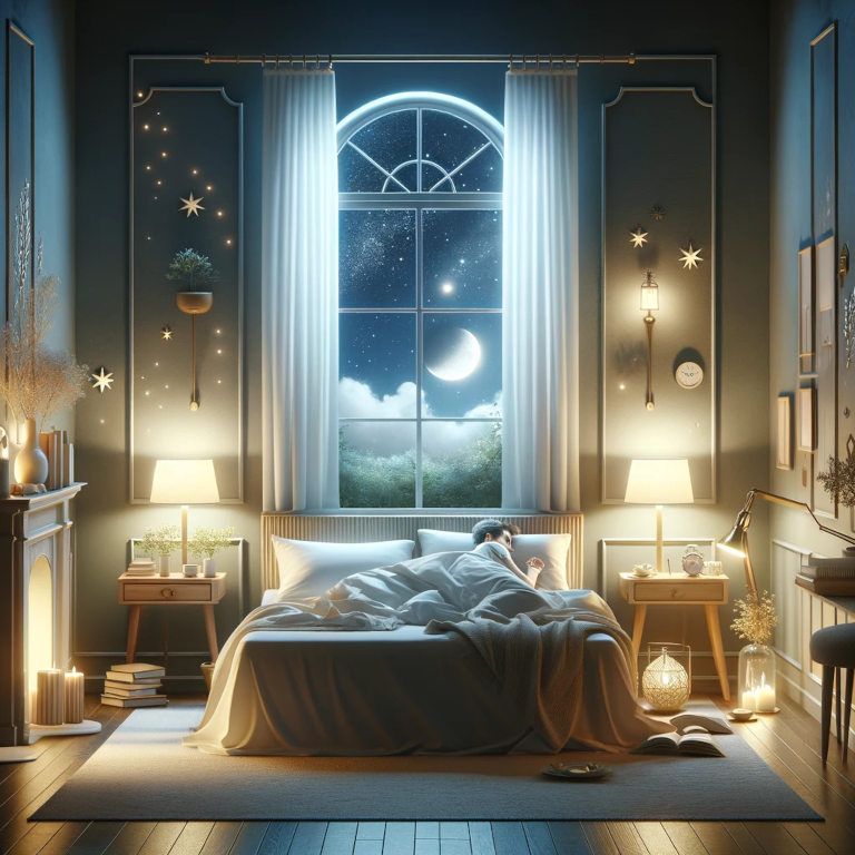 A serene and tastefully decorated bedroom emphasizing optimal sleep conditions with a view of a starry night sky through an open window.