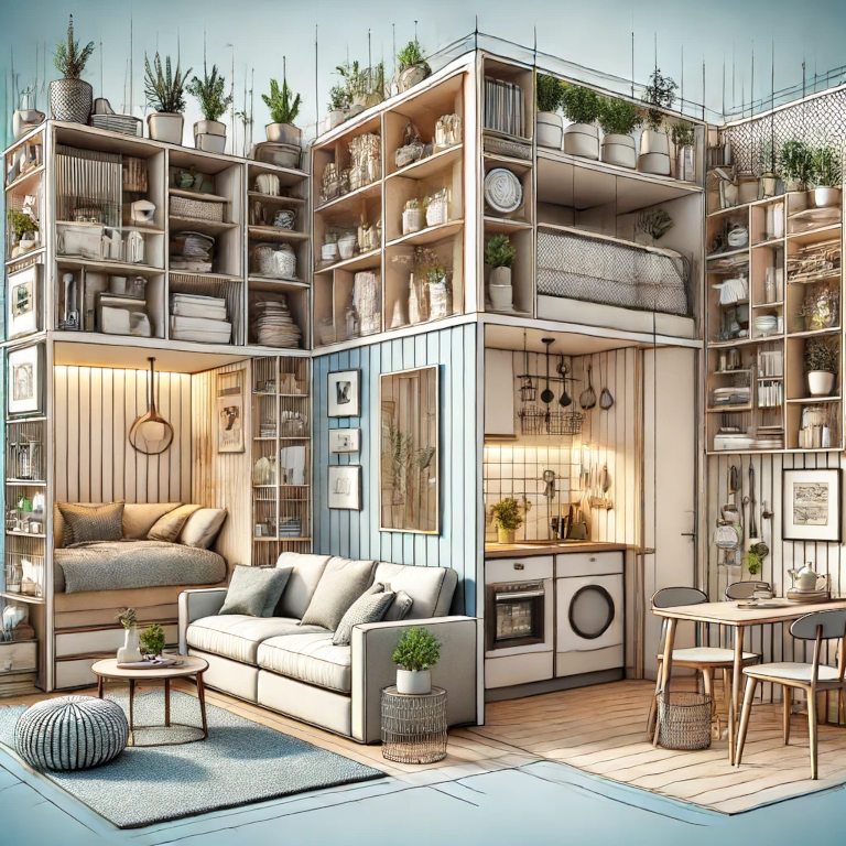 Stylish, compact apartment with multi-functional furniture like a sofa bed, vertical storage with shelves of books and plants, and a well-organized kitchen with wall-mounted storage for utensils