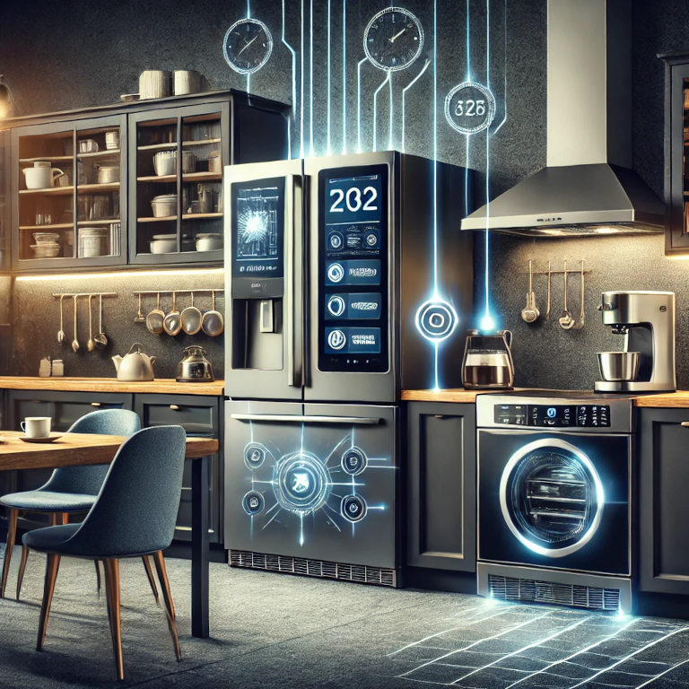 Modern kitchen with various smart appliances including a smart refrigerator with a digital screen, a smart oven, a smart coffee maker brewing coffee, and a smart dishwasher.