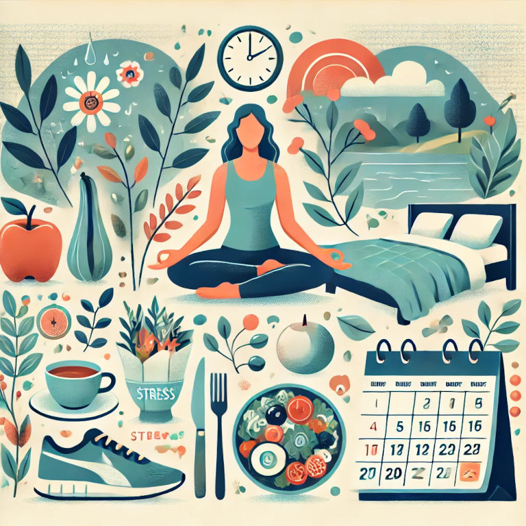 A serene scene featuring a person meditating, a pair of running shoes, a healthy meal with colorful vegetables, a cozy bed, and a calendar with a cup of tea, arranged harmoniously to highlight various stress management practices against a calming, nature-inspired background.