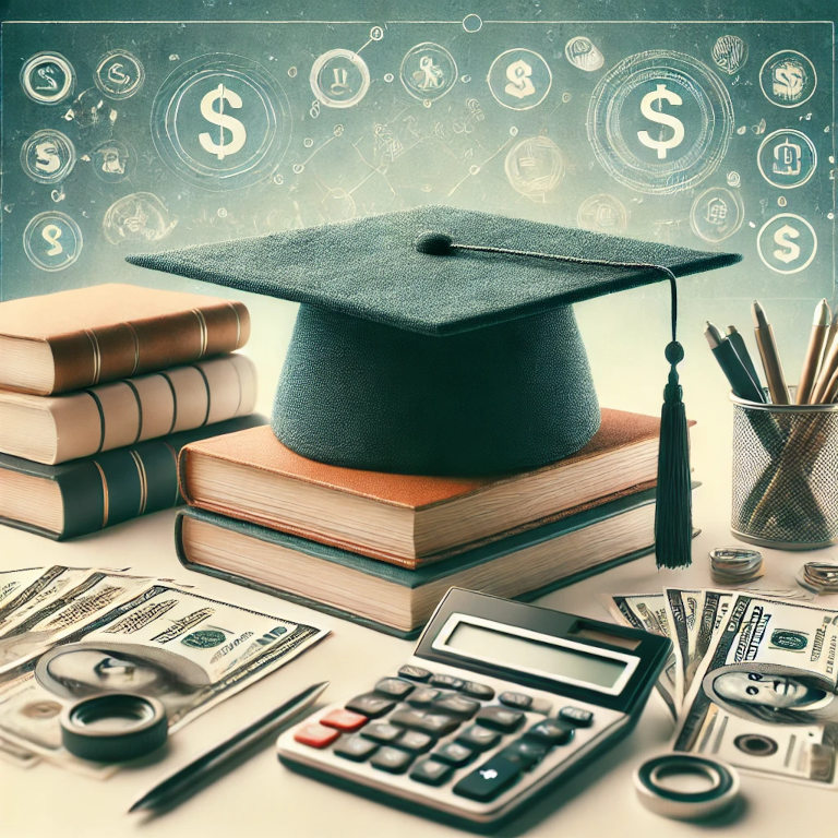 A clean and organized desk featuring graduation caps, stacks of books, dollar bills, and a calculator. The background includes a subtle academic feel with elements like a diploma and a college campus visible in soft focus.