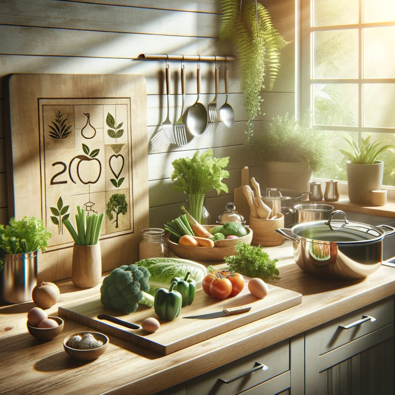 A tasteful kitchen scene highlighting sustainable cooking with wooden elements, fresh produce, and eco-friendly cookware.