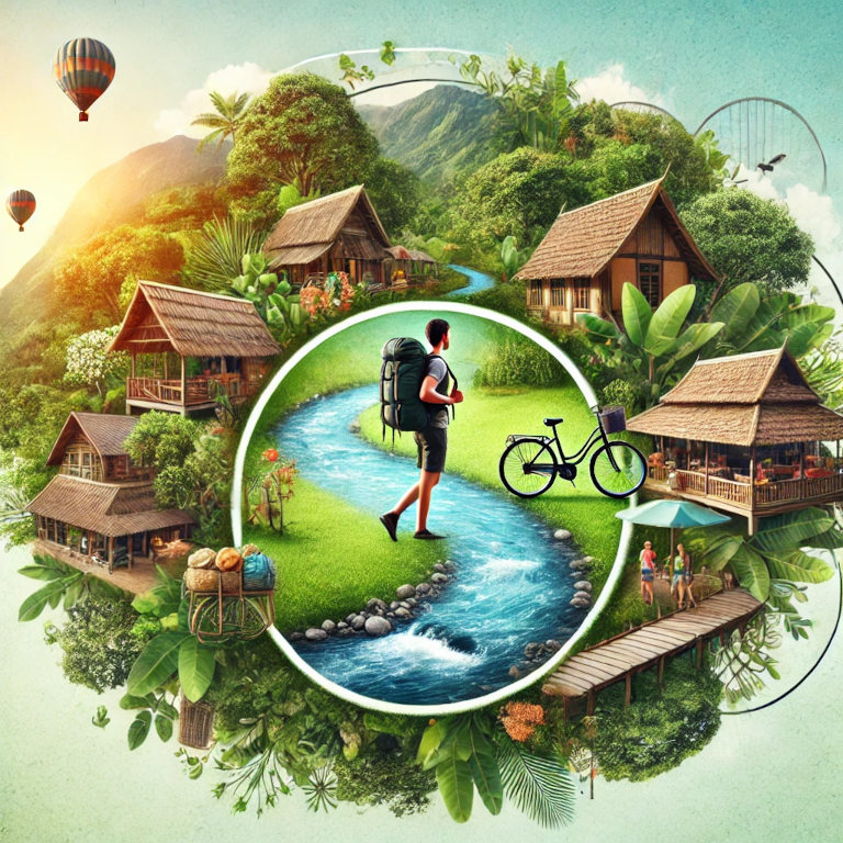 A traveler with a backpack in a natural setting, eco-friendly transportation like bicycles, a rustic eco-lodge, and vibrant local markets, all set against a backdrop of lush greenery and clean waterways.