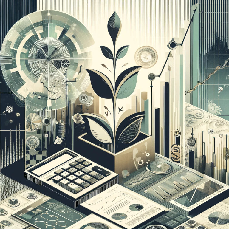 Artistic representation of tax optimization featuring abstract elements like calculators, financial documents, and growth symbols.