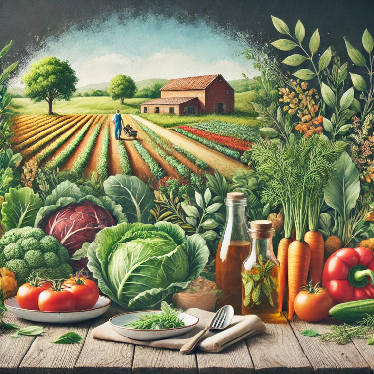 A rustic table filled with fresh, colorful produce like tomatoes, carrots, leafy greens, and herbs. In the background, a small farm with fields and a farmer harvesting crops can be seen. The overall atmosphere is vibrant and natural, highlighting the connection between farm and table.