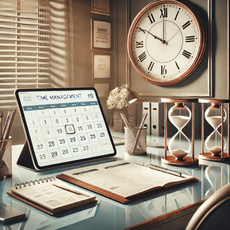 Elegant office setup with a clear desk featuring a digital tablet displaying a calendar, a notebook with a to-do list, and an hourglass, next to a wall clock.