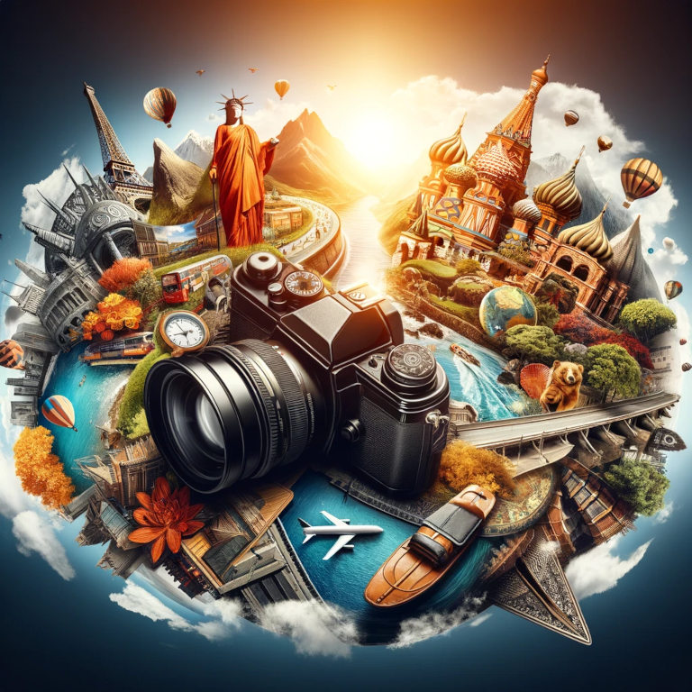 A graphic representation of a photographer capturing diverse global landscapes, emphasizing photography techniques without using text.