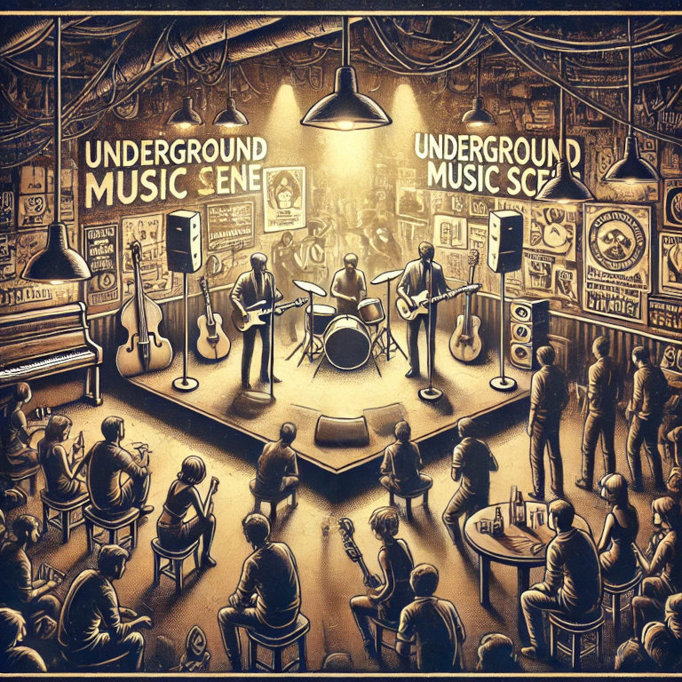 A dimly lit, intimate venue with a small stage where a band is passionately performing, surrounded by an enthusiastic, close-knit audience. The background includes graffiti art on the walls, vintage music posters, and musical instruments like guitars and drums, capturing the essence of underground music culture.