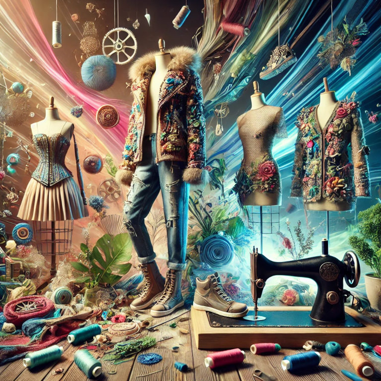 A visually captivating graphic featuring elements such as repurposed fabrics, creative sewing, and unique clothing designs. The scene includes fashion items like jackets, dresses, and accessories made from various recycled materials, displayed in a stylish and artistic manner, symbolizing upcycled fashion.