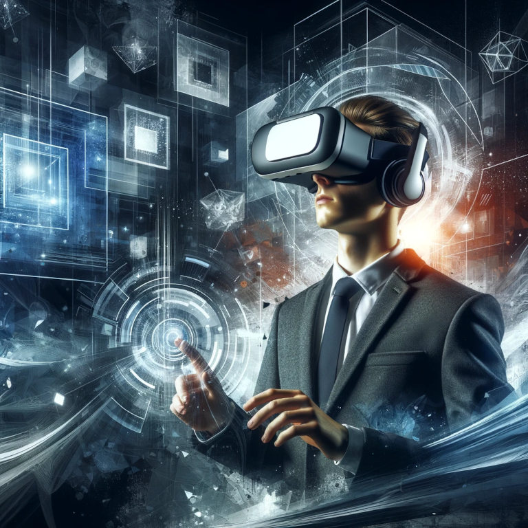 A person engaged in a virtual reality environment, showcasing futuristic and abstract elements indicative of advanced VR entertainment.