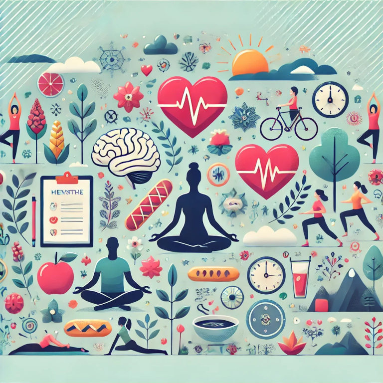 A visually captivating graphic featuring elements such as people engaging in yoga, eating healthy foods, meditating, and spending time in nature, symbolizing a wellness lifestyle.