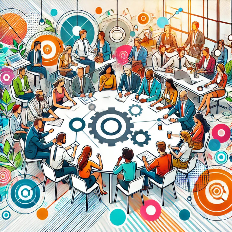 A visually captivating graphic featuring a diverse group of people collaborating in an office environment, with different genders, ethnicities, and ages represented. The scene includes a round table discussion, people working together on projects, and symbols of inclusivity such as overlapping circles or interconnected nodes, symbolizing a diverse and inclusive workplace.