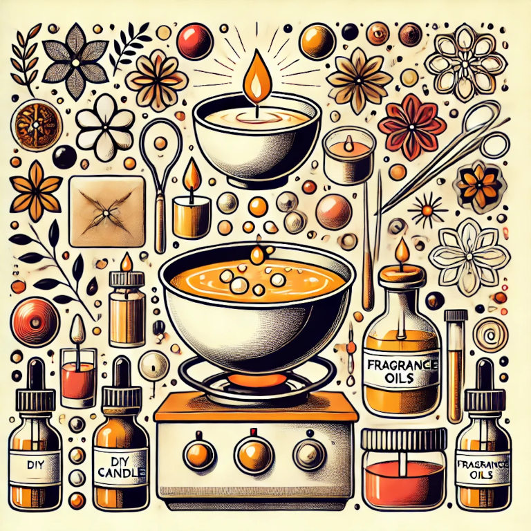 A graphic depicting wax melting in a double boiler, a lit candle, a container with a wick, fragrance oils, and colorful dyes, representing DIY candle making in a balanced and aesthetically pleasing composition.