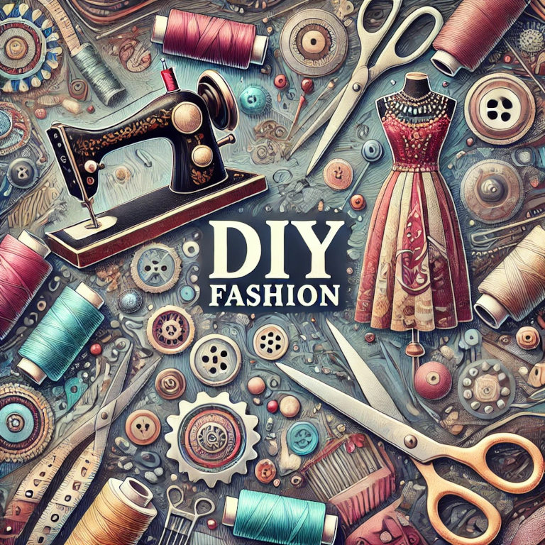 A captivating graphic representing DIY fashion, featuring elements such as a sewing machine, fabric swatches, scissors, threads, needles, and embellished clothing items, set against a background with patterns and textures suggesting creativity and craftsmanship.