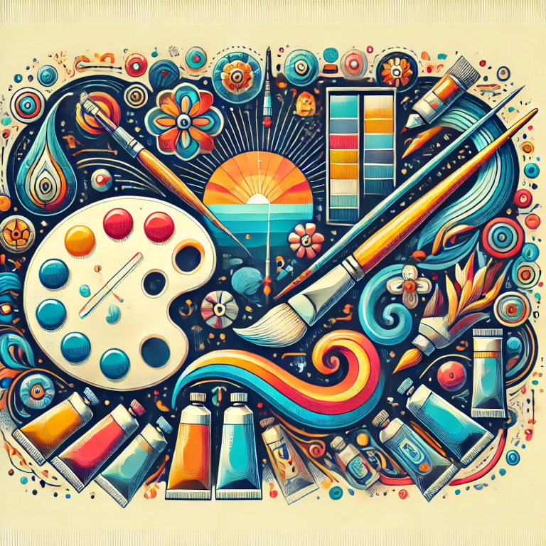 A graphic depicting paintbrushes, a palette with various colors, a canvas with a partially completed painting, and paint tubes, representing DIY painting and art in a balanced and aesthetically pleasing composition.