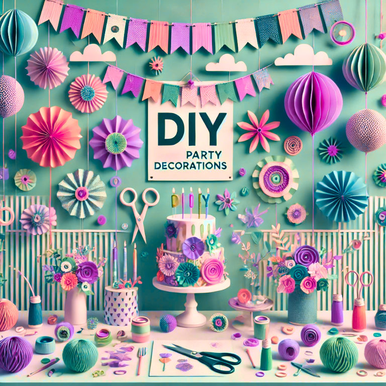 A captivating graphic representing DIY party decorations, featuring colorful paper flowers, hanging banners, festive balloons, and a creatively decorated table centerpiece, set against a background with subtle patterns suggesting celebration and creativity.