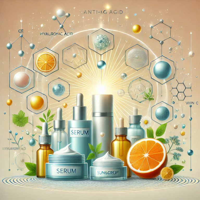 A captivating graphic representing anti-aging skincare, featuring a bottle of serum, a jar of cream, a sunscreen bottle, and natural ingredients like hyaluronic acid molecules, vitamin C (citrus slices), and retinol, set against a background with subtle patterns suggesting freshness and rejuvenation.