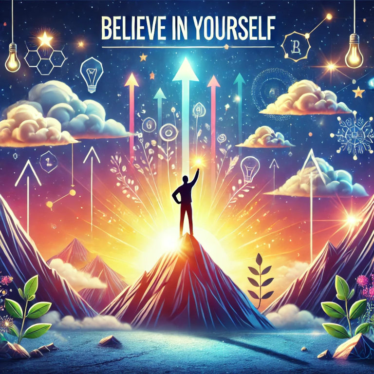 A visually captivating graphic featuring a person confidently standing on a mountain peak with a bright sunrise in the background. Symbols of growth and success, such as upward-pointing arrows, stars, and lightbulbs, are integrated into the scene, evoking a sense of achievement, confidence, and self-belief.