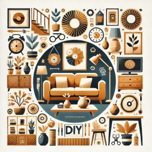 A graphic depicting a cozy living room with stylish furniture, decorative items like vases and picture frames, a DIY project in progress, and plants, representing budget-friendly home decor in a balanced and aesthetically pleasing composition.