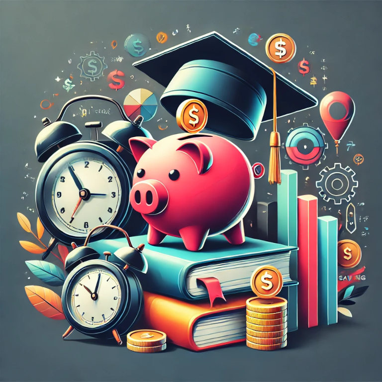 A graphic depicting a piggy bank, a graduation cap, a stack of books, and a savings jar with coins, representing college savings in a balanced and aesthetically pleasing composition.