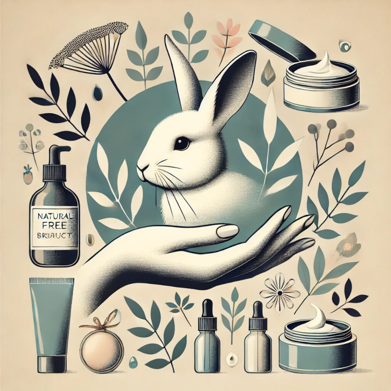 A graphic depicting a rabbit, natural beauty products like creams and serums, plant-based ingredients, and a gentle hand applying skincare, representing cruelty-free beauty in a balanced and aesthetically pleasing composition.