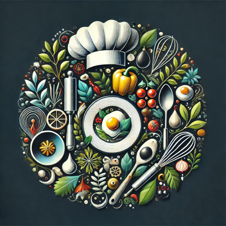 A graphic depicting symbols of a chef's hat, a whisk, a beautifully plated dish, and fresh ingredients like herbs and vegetables, representing culinary arts in a balanced and aesthetically pleasing composition.