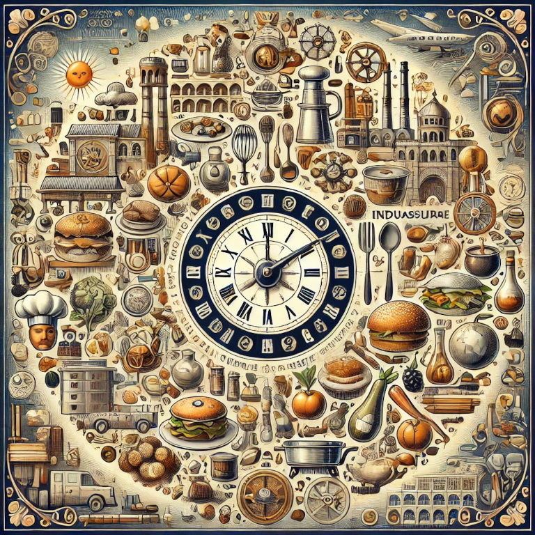 A captivating graphic representing culinary history, featuring symbols such as ancient cooking tools, a medieval feast, Renaissance food items, industrial kitchen equipment, and modern culinary innovations, set against a background suggesting the passage of time with elements like a clock or timeline and various global food items.