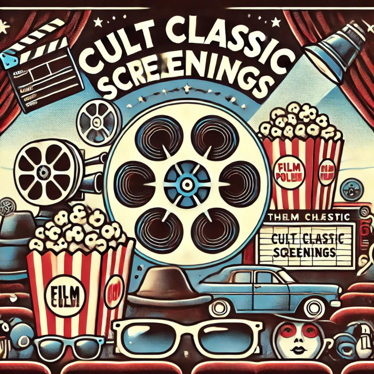 A graphic depicting symbols of a film reel, popcorn, iconic movie props like sunglasses and a detective hat, and a theater marquee, representing cult classic screenings in a balanced and aesthetically pleasing composition.