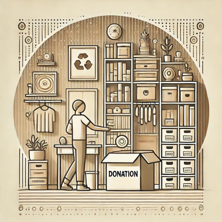 A visually captivating graphic representing decluttering strategies, featuring a tidy, organized room with neatly arranged shelves, labeled storage boxes, minimalistic decor, and a person placing items into a donation box.