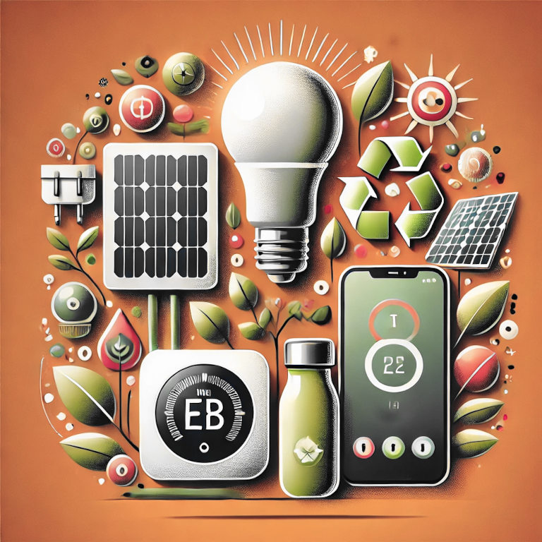 A graphic depicting a solar panel, an LED light bulb, a smart thermostat, a reusable water bottle, and an eco-friendly smartphone, representing eco-friendly gadgets in a balanced and aesthetically pleasing composition.