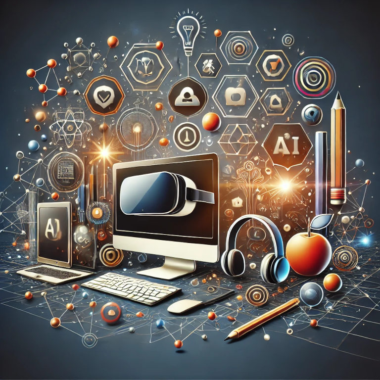 A graphic depicting symbols of a computer, VR headset, digital tablet, and interconnected nodes, representing educational technology in a balanced and aesthetically pleasing composition.