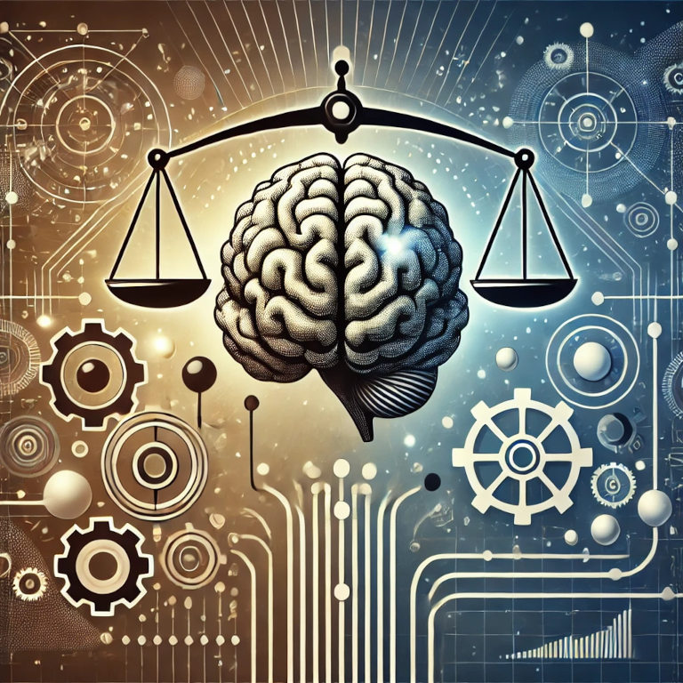 A graphic depicting a brain, a balanced scale, a pathway with multiple directions, and interconnected gears, representing effective decision-making methods in a balanced and aesthetically pleasing composition.