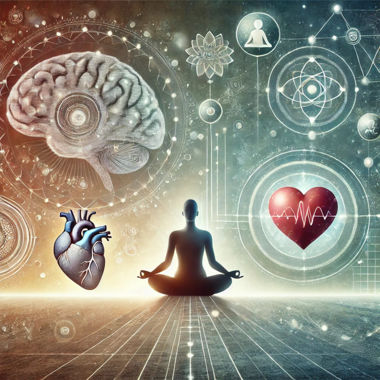 A captivating graphic representing emotional well-being, featuring a serene person meditating, abstract representations of a healthy brain, a heart symbolizing emotional health, and interconnected circles representing social support, set against a background with soft, calming patterns suggesting peace and balance.