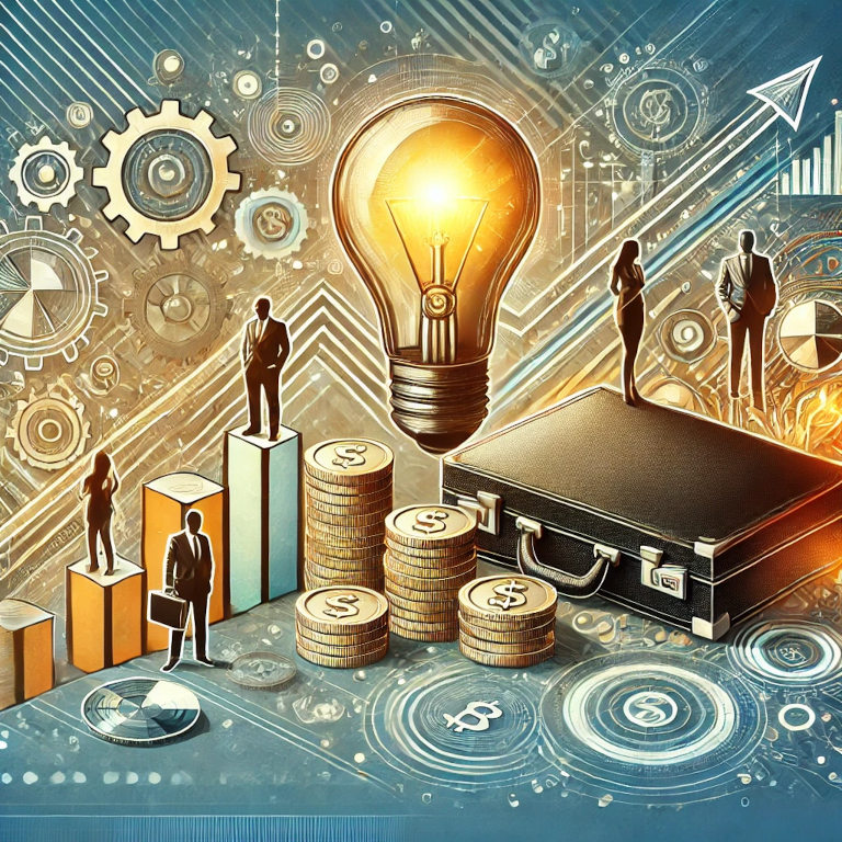 A captivating graphic representing entrepreneurship, featuring elements such as a lightbulb symbolizing ideas, a briefcase representing business, a stack of coins indicating financial growth, and a group of people collaborating. The background includes patterns suggesting innovation, growth, and success.