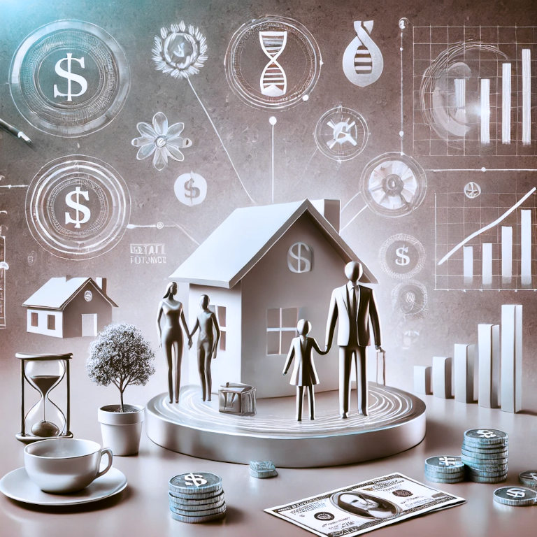 A serene and professional graphic representing estate planning, featuring symbols of legal documents, a family, a house, and financial elements like currency and graphs, conveying protection, organization, and financial stability.