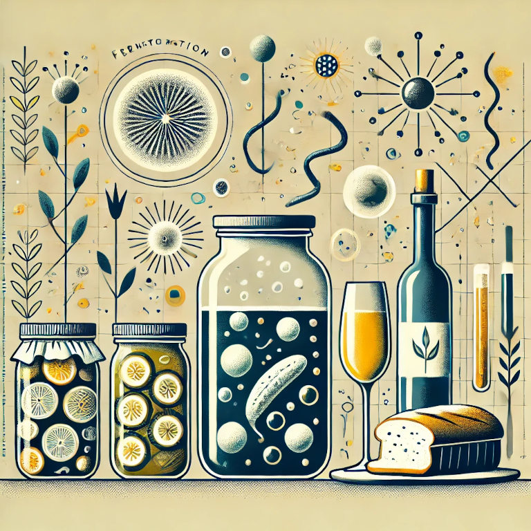 A captivating graphic representing fermentation, featuring jars of pickled vegetables, a bubbling yeast culture, a bottle of wine, and a loaf of sourdough bread, set against a background with subtle patterns suggesting microbial activity and natural processes.