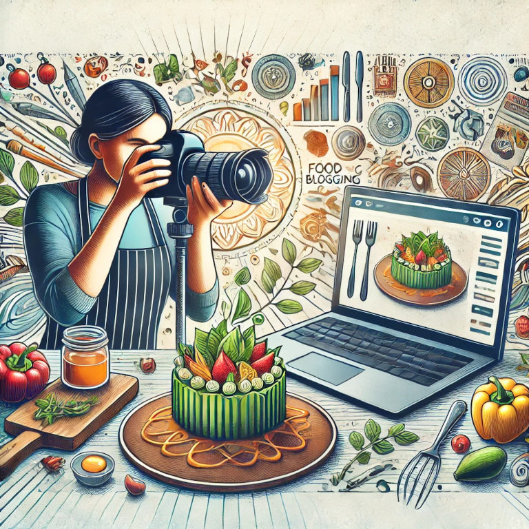 A captivating graphic representing food blogging, featuring a person photographing a beautifully plated dish with a camera, a laptop displaying a blog interface, and various food items like fresh ingredients and cooking utensils, set against a background with subtle patterns suggesting creativity and culinary arts.