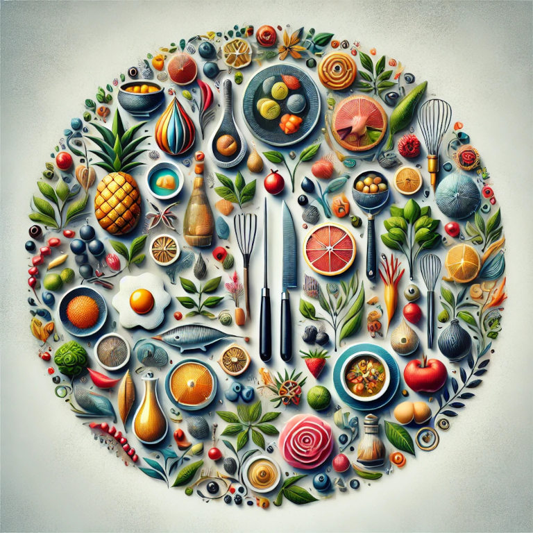 A graphic depicting beautifully arranged dishes, vibrant ingredients, colorful garnishes, and culinary tools like tweezers, brushes, and knives, representing the art of food styling in a balanced and aesthetically pleasing composition.