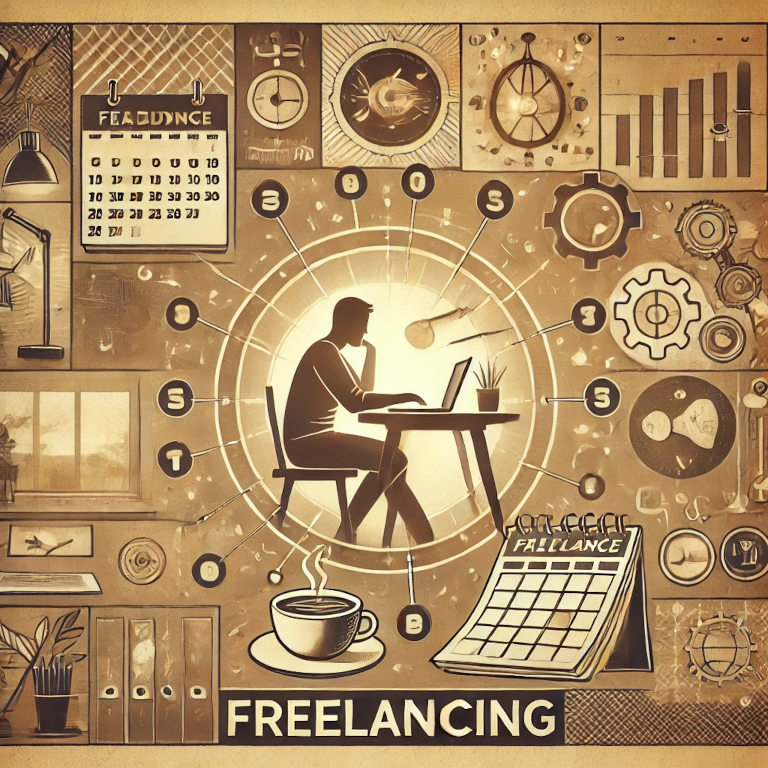 A captivating graphic representing freelancing, featuring a person working on a laptop at a cozy home office, a calendar with deadlines, a cup of coffee, and icons representing various freelance tools like project management and communication apps.