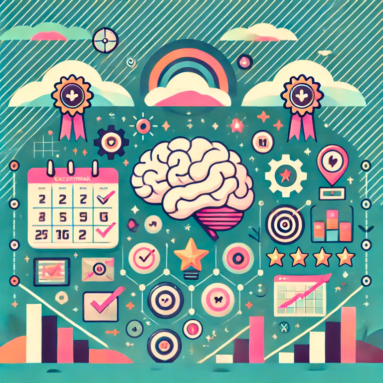 A captivating graphic representing habit formation techniques, featuring elements such as a calendar, check marks, a brain, small steps leading upwards, and icons representing rewards like stars or medals, set against a background with abstract patterns suggesting progress and growth.