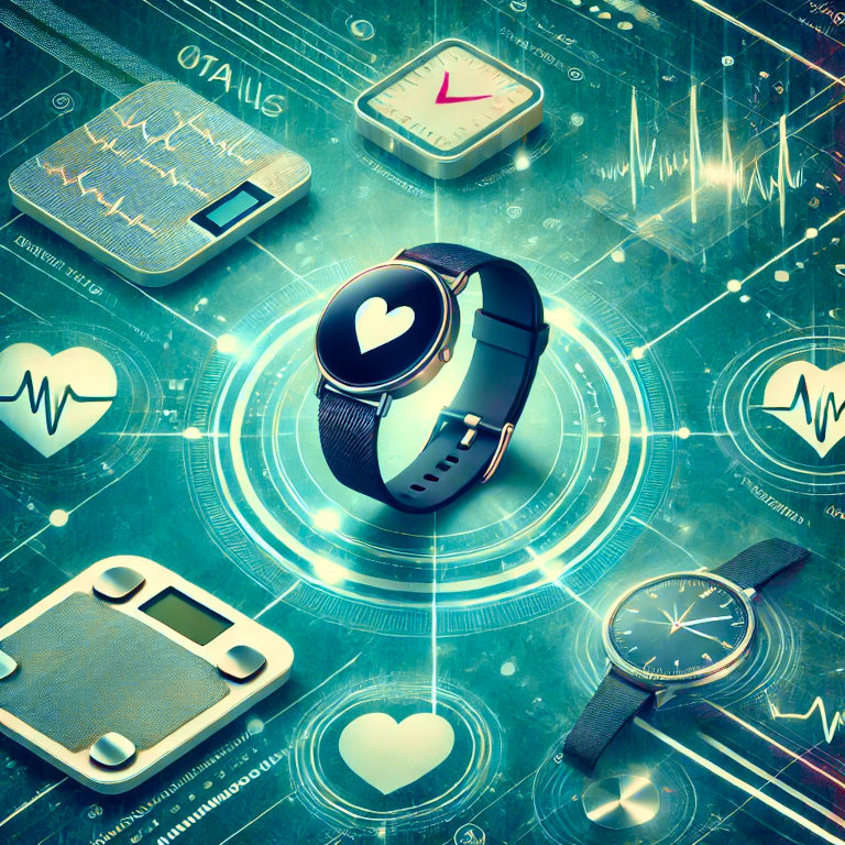 A captivating graphic representing health and wellness devices, featuring elements such as a fitness tracker, smartwatch, blood pressure monitor, smart scale, and sleep monitor, set against a background with subtle patterns suggesting health, well-being, and technology.