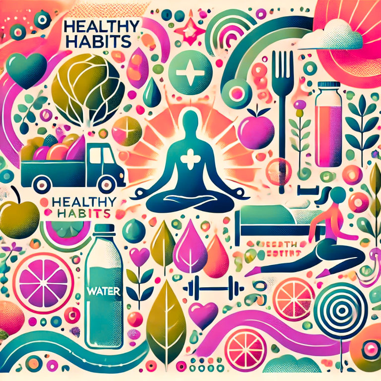 A graphic depicting a balanced meal with fruits and vegetables, a person exercising, a water bottle, a person meditating, and a bed with a peaceful sleeping person, representing healthy habits in a balanced and aesthetically pleasing composition.