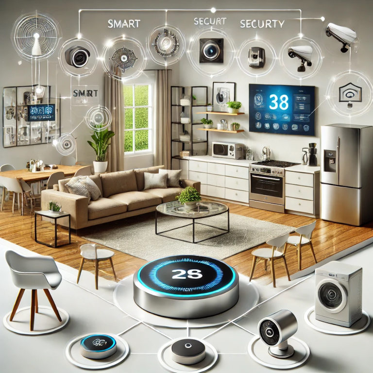 A visually captivating graphic featuring elements such as a smart thermostat, smart lighting, security cameras, smart appliances, and a central hub, integrated into a modern living room setting, symbolizing home automation systems.