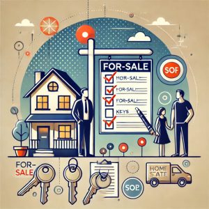 A graphic depicting a house, a for-sale sign, keys, a clipboard with a checklist, and a family looking at a home, representing home buying and selling tips in a balanced and aesthetically pleasing composition.