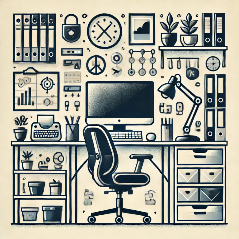 A graphic depicting a modern desk with an ergonomic chair, a computer monitor, shelves with organized office supplies, indoor plants, and a stylish lamp, representing home office setup ideas in a balanced and aesthetically pleasing composition.