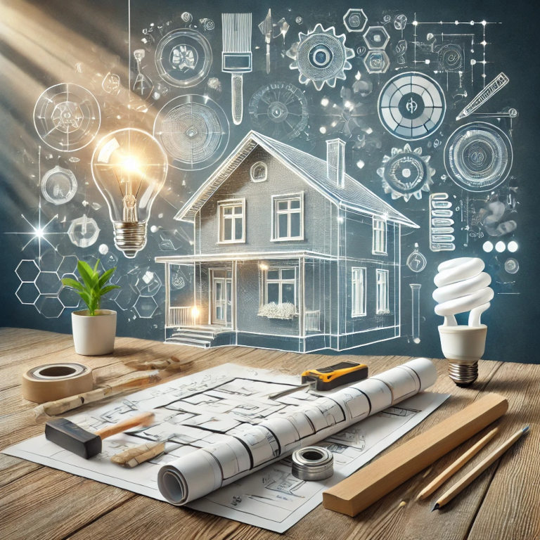 A captivating graphic representing home renovation tips, featuring a blueprint with a house design, construction tools like a hammer and paintbrush, energy-efficient light bulbs, and natural light pouring into a renovated room.