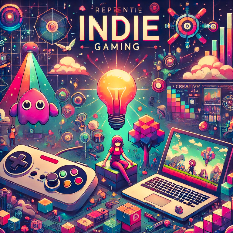 A captivating graphic representing indie gaming, featuring a retro-styled game controller, a pixelated character, vibrant game scenes, and a laptop with a game development interface, set against a background of creative elements like light bulbs and abstract patterns.