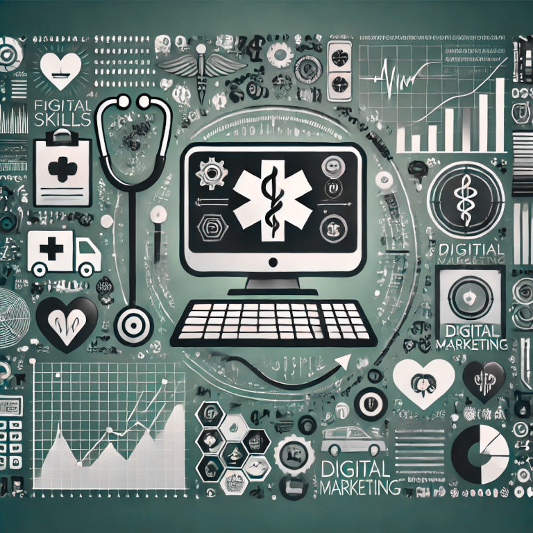 A graphic depicting a computer with coding symbols, a medical stethoscope, financial graphs and charts, and a digital marketing icon, representing industry-specific skills in a balanced and aesthetically pleasing composition.